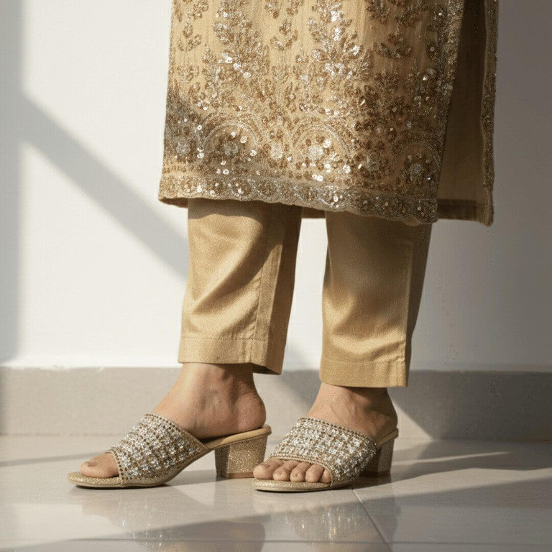 ZIYA Gold All-Over Sparkle Block Heels