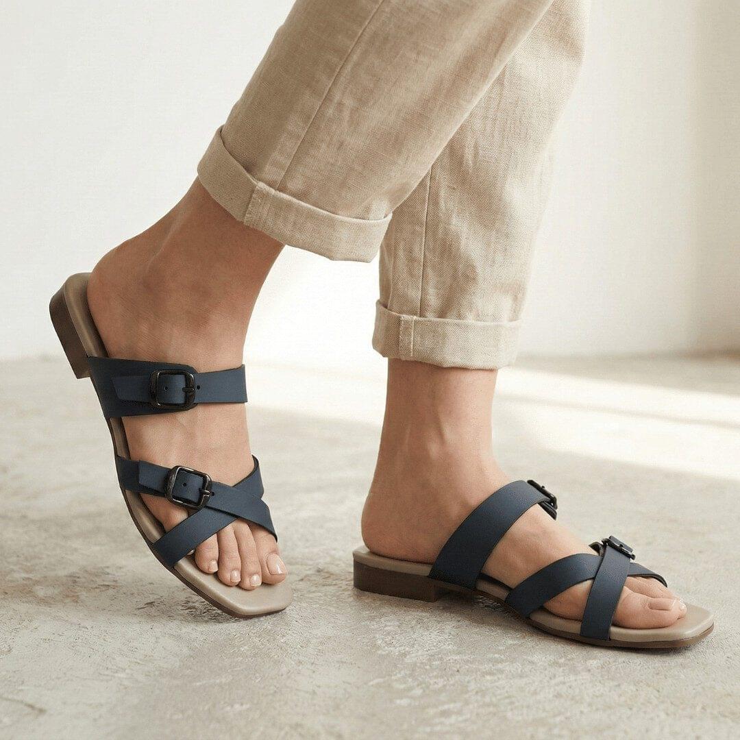 ZIYA Navy Dual Buckle Comfort Flats